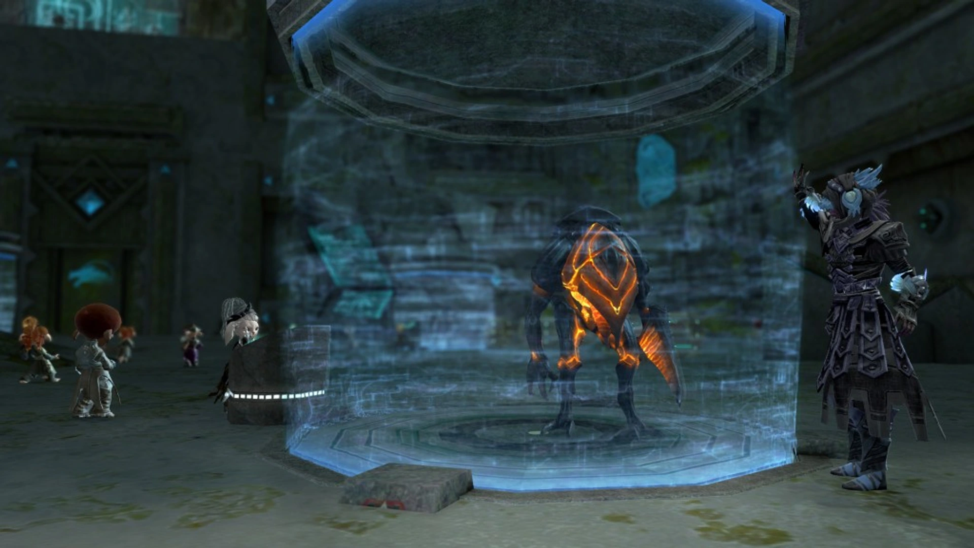 Guild Wars 2 story instance with destroyer containment in an Asuran lab